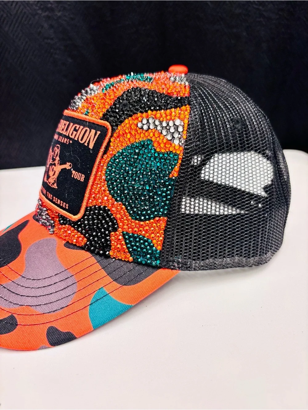 True Religion Orange Black Teal Camo Embellished Trucker Hat